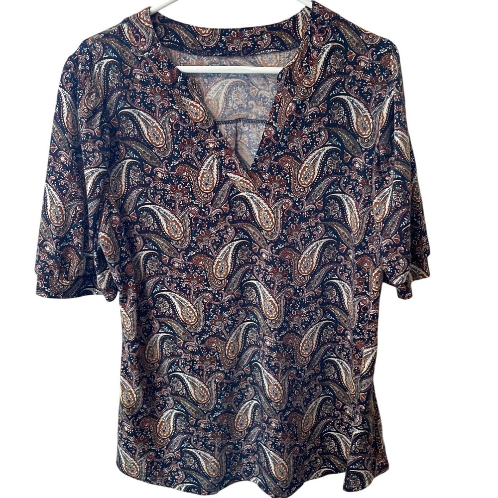 Womens Paisley V-Neck Puff Sleeve Blouse Navy Rust Size XL
